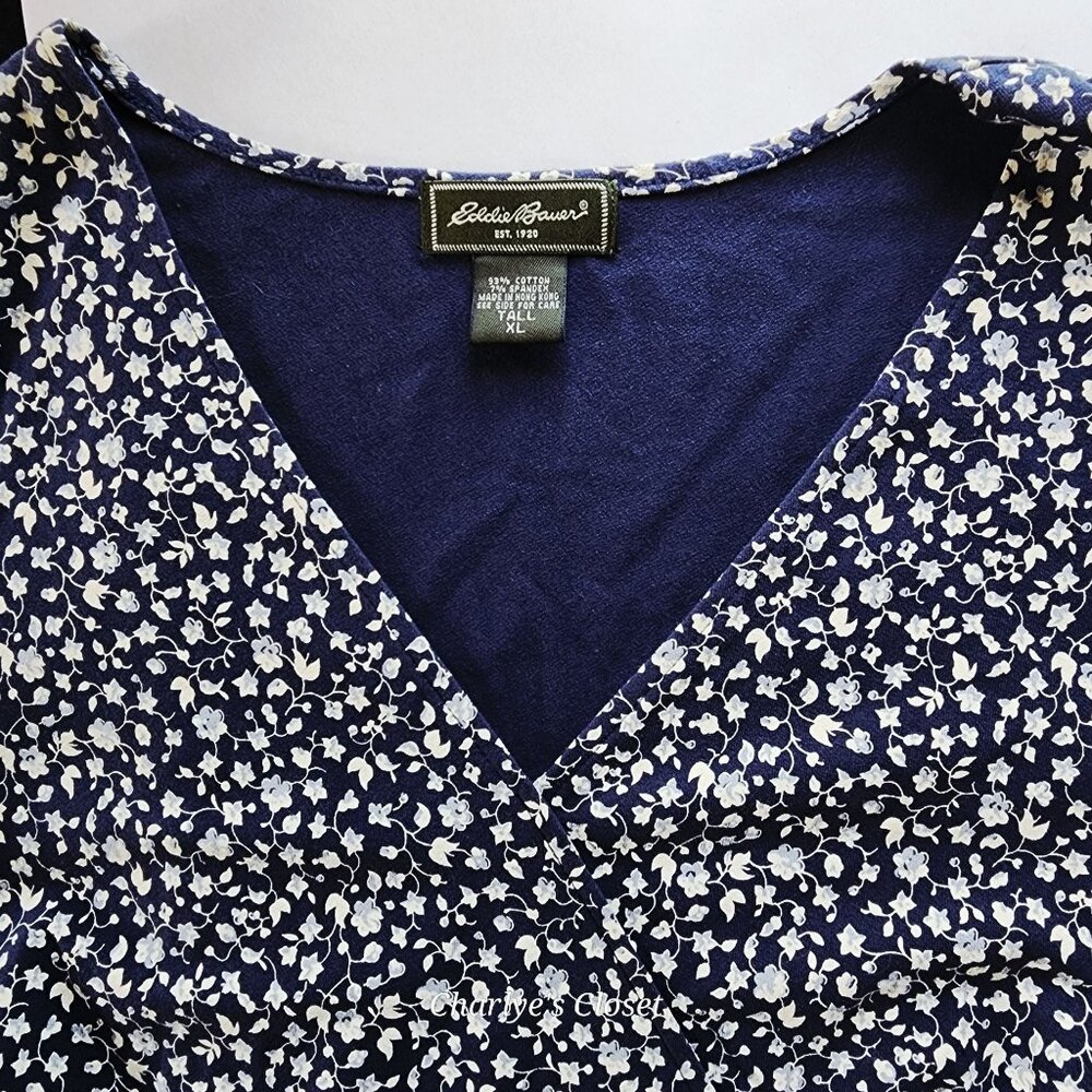 Eddie Bauer Classic Navy Floral Cottagecore Midi Dress Ruffle Trim Sz. XL Tall - Picture 3 of 10
